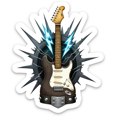 Create a powerful and dynamic humanless emoji representing rock vocals. The design should feature a classic vintage microphone with a rugged, distressed look, surrounded by elements like a guitar pick, electric guitar neck, and sound waves to reflect the raw energy of rock music. Add subtle details such as a spiked bracelet, leather textures, or bold lightning bolts to evoke the rebellious and intense spirit of rock. Use dark, edgy colors like black, red, silver, and metallic accents to emphasize the fierce, loud, and passionate nature of rock vocals. The background should be transparent. sticker