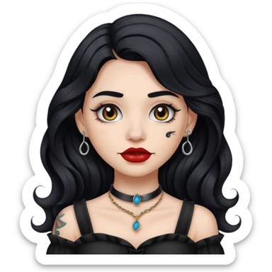 I want to create a female emoji with long black wavy hair and collar bone tattoo that says “me before you” and she has her nose pierced and black lip stick sticker