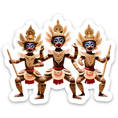 ​Cinematic Realistic Wayang Golek Ayun-ayun Dancers, depicted as intricately carved traditional wooden puppets in dynamic dance poses, adorned with vibrant painted details and expressive features, set against a softly lit stage that evokes centuries of Indonesian cultural heritage, rendered with lifelike textures and dramatic atmospheric lighting, sticker