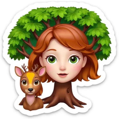 Style memoji iphone. Un petit sapin vert sylvestre, féminin, regard malicieux, tâches de rousseurs délicates, joues roses. Yeux de biche brillants en forme amande, yeux couleur ambre, tronc couleur acajou. Sapin en mouvement, incurvé pour un effet vivant. sticker