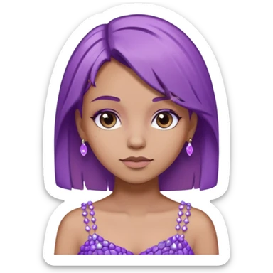 یک دختر با موی لایت بنفش قهوه‌ای با پیراهن بنفش با سنگ های یاسی که روی روی لباسش کار شده باشه میخوام sticker