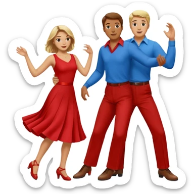 Two people. Man wearing all  RED with brown hair. Women  ALL blue with blond hair. Swing Dancing. Need four legs sticker