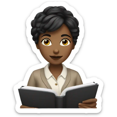 white woman with short black hair writing  a notebook sticker
