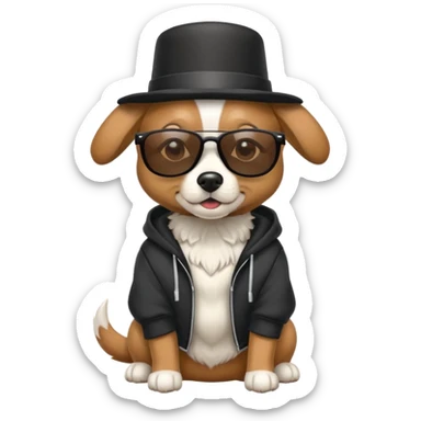 Dog with sunglasses and a hoodie with a top hat sticker