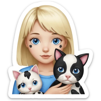 Cute cat black and white stain like a cow in the arms of a blond girl with bangs and blue eyes sticker