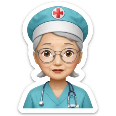 OLD ASIAN WOMAN WITH GLASSES, NURSE SCRUBS, CAP, NO HAIR SHOWING sticker