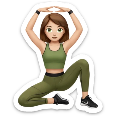 Girl with green eyes, brown hair that goes to her elbows, light skin, and freckles wearing an olive green crop top with black leggings working out, she has light gorgeous lashes sticker