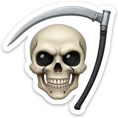 A laughing skull with a scythe crossed behind it, one eye socket winking. Clean, stylized lines, flat vector. Medieval woodcut style. Black and white with one accent color (tarnished silver). No background. sticker