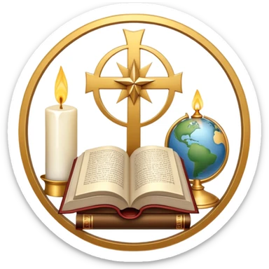 An icon featuring a holy book, a candle, a cross, and Islamic crescent and star, alongside a Buddhist wheel of Dharma, symbolizing religious studies. The design includes a globe with these symbols, representing the diversity of beliefs. Transparent background  sticker
