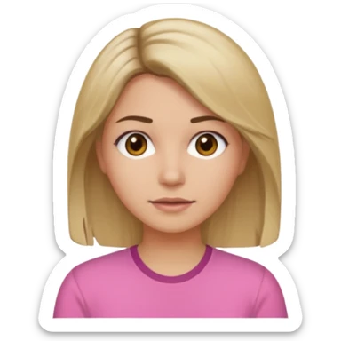 Woman with dirty blond hair and brown roots with a pink shirt and brown eyes sticker