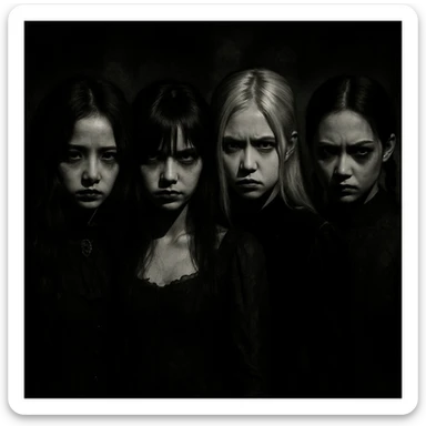 Blackpink in horror goth style, dramatic shadows, haunting expressions, eerie mood sticker