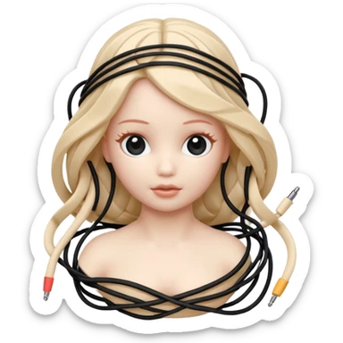 Plastic doll tightly bound with tangled AUX cables. sticker
