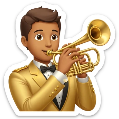 Cinematic Realistic Trumpet, polished brass with warm golden reflections, intricate valve details subtly highlighted, soft hands pressing the keys, glowing with bold and triumphant musical energy. sticker