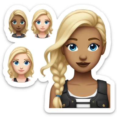 girl blonde and slightly red on the roots with blue eyes, light skin, pink blush with small arrows in a shirt and a black vest with small white stripes sticker