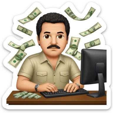 drug lord Pablo escobar using computer with money wallpaper as background sticker