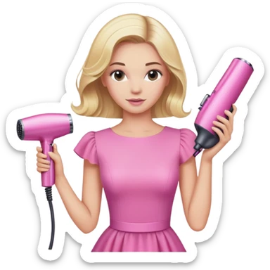 blonde woman in pink dress styling hair with a pink Dyson hairdryer sticker