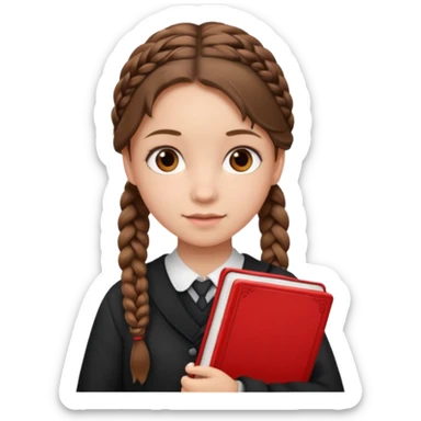 brown braid hair girl kid, student, black gile, red book sticker