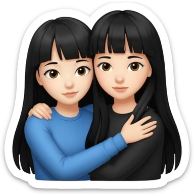 two teenage girls with long black hair, one with bangs, one with prominent lashes, hugging sticker