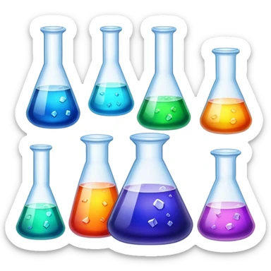 A set of colorful growing crystals in various stages of development, surrounded by beakers and jars with chemical solutions. Light shining on the crystals creates a dazzling glow. Background of a clean, well-lit workspace with scientific tools and equipment. Transparent background. sticker