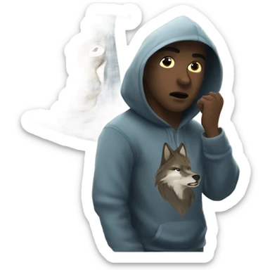 gazing boy in hoodie indoors fighting a wolf sticker