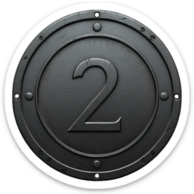 Minimal emoji, gothic metal coin made of black steel, engraved number 2 at the center, ancient industrial aesthetic, worn metal texture, no glow, no neon, flat emoji design, centered, transparent background sticker