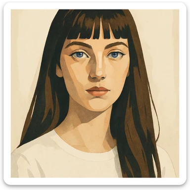 woman, pale skin, long straight brown hair with bangs, blue-grey eyes, white top, clean background, stylized portrait sticker