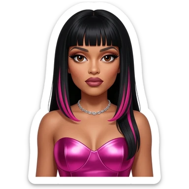Nicki Minaj with dark brown eyes, long black hair with pink highlights, hot pink metallic sweetheart dress, silver necklace sticker