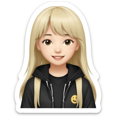 Portrait of a young female K-pop idol, wearing a stylish streetwear outfit with layered clothing, long hair with bangs, cool face sticker