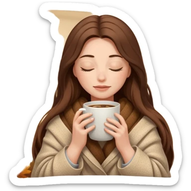 long brown hair woman closed eyes hiding under a cozy wool beige blanket, holding cup of coffee, autumn mood sticker