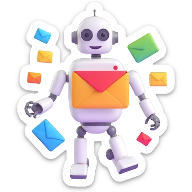 newsletter about AI, with a smiling robot and floating email icons sticker