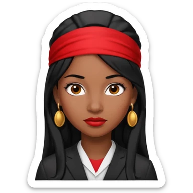 confident Black woman lawyer, 30, long black hair, red headband, sharp look, small round earrings sticker