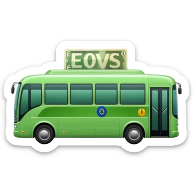 green electric bus with large euro bill marked with 0 sticker