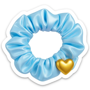 Add a small gold heart charm to the pastel blue silky scrunchie, keep the 3D emoji style and shimmer effect. The style is 3D emoji with a shiny, smooth, and realistic look. Remove the background. sticker