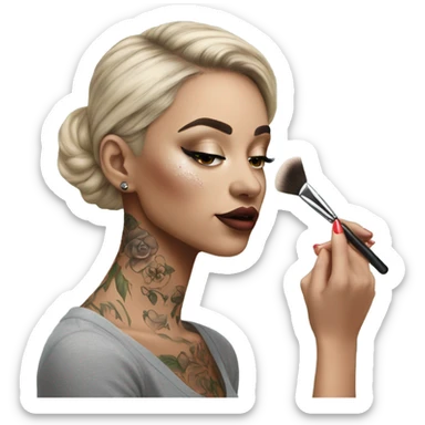 Hyper Realistic Beautiful lightly tattooed woman applying her makeup sticker