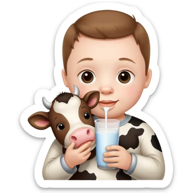 Down syndrome kid holding a moo moo cow that’s drinking moo moo cow milk sticker