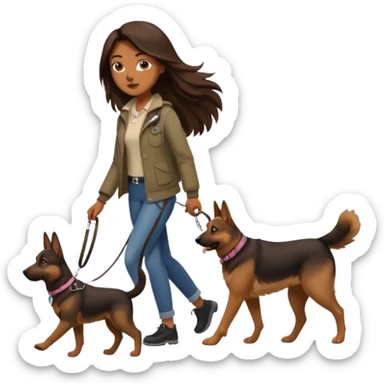 a girl with a brown dark long long hair, she's walking her dog is a german shepard sticker