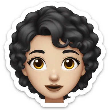 Pale girl,Black wavy hair and silk,dark brown eyes with korean eye liner,cat eye,mature,black short crop top, sticker