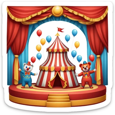 Professional icon for Circus Arts: a dynamic circus stage with acrobats in mid-performance, a clown and trained performing bears. The icon should convey the skill and excitement of the circus, with precise details on costumes, props, and the arena setting. Transparent background. sticker
