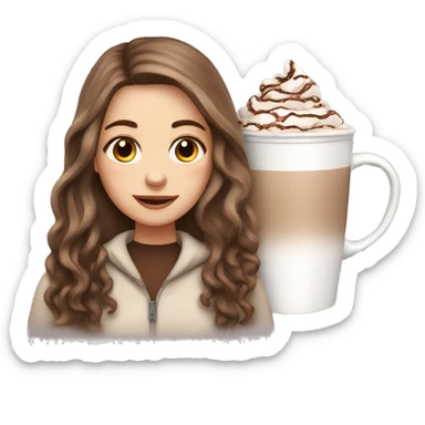white girl with brown long hair and a hot chocolate sticker