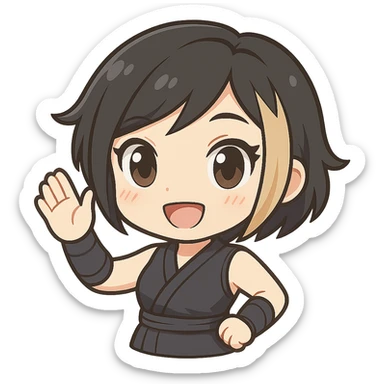 Make this exact chibi ninja girl wave to the left, keeping the same anime chibi style, face, outfit, and colors. Only change the arm position for animation. Transparent background, sized for Twitch emoji use. sticker