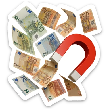 banconote di euro fluttuano vicino ad una calamita rossa, sono attratte, iperrealistico 4k sticker