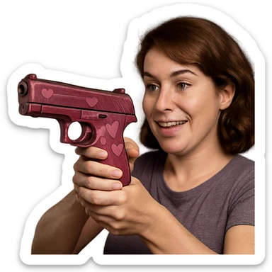 Make this pink pistol with heart motifs look more realistic with metallic textures and realistic lighting, keeping the background transparent. sticker