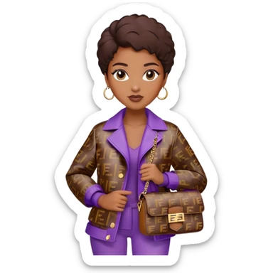 Beautiful black woman wearing a brown monogram Fendi jacket and carrying a purple Fendi baguette bag. I want the image to start at her head and end at the waist sticker