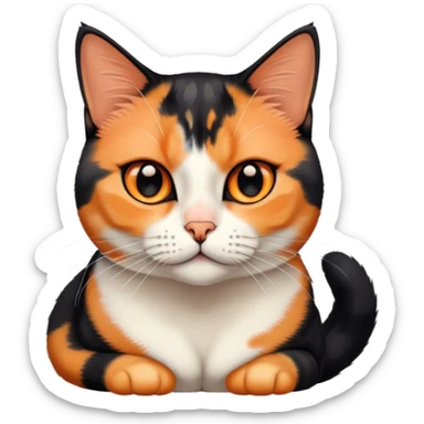 American shorthair calico cat with black fur on the right side of their face and orange on the left side sitting down sticker
