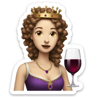 Queen with a purple crown, pale skin, long brown curly hair, drinking wine  sticker