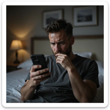 Man posting a photo on social media with a suffering expression and dramatic caption, checking his phone for supportive messages, bedroom, hyperrealistic 4K details sticker