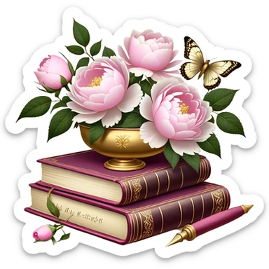 A vintage silk-bound poetry book, its cover embossed with golden floral motifs of pink roses and white peonies, resting on an antique writing desk with an ivory quill and a pearl butterfly sitting lightly on the book’s pages.
 sticker