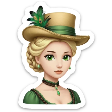 lady with Pale complexion, sharp features, high cheekbones, Blonde hair, usually styled in regancy braided updo, green eyes accessorized with a feathered hat,  sticker