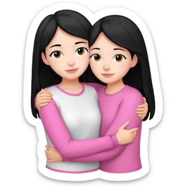 2 girls with black hair hugging each other. One is wearing white clothes and the other is wearing pink clothes sticker