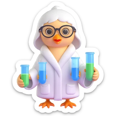 Add scientist glasses to the cute chick in a robe holding test tubes and beakers, 3D style, no background. sticker